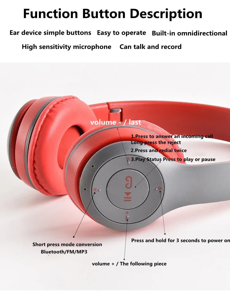 Bluetooth 5.0 Stereo P47 Headset, Jogo Desportivo Sem Fio, Série Dobrável, iPhone, Xiaomi